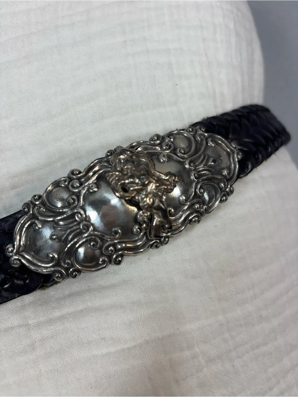 VTG Black Braided Leather Belt with Ornate Angel Silver-Tone Buckle Y2K